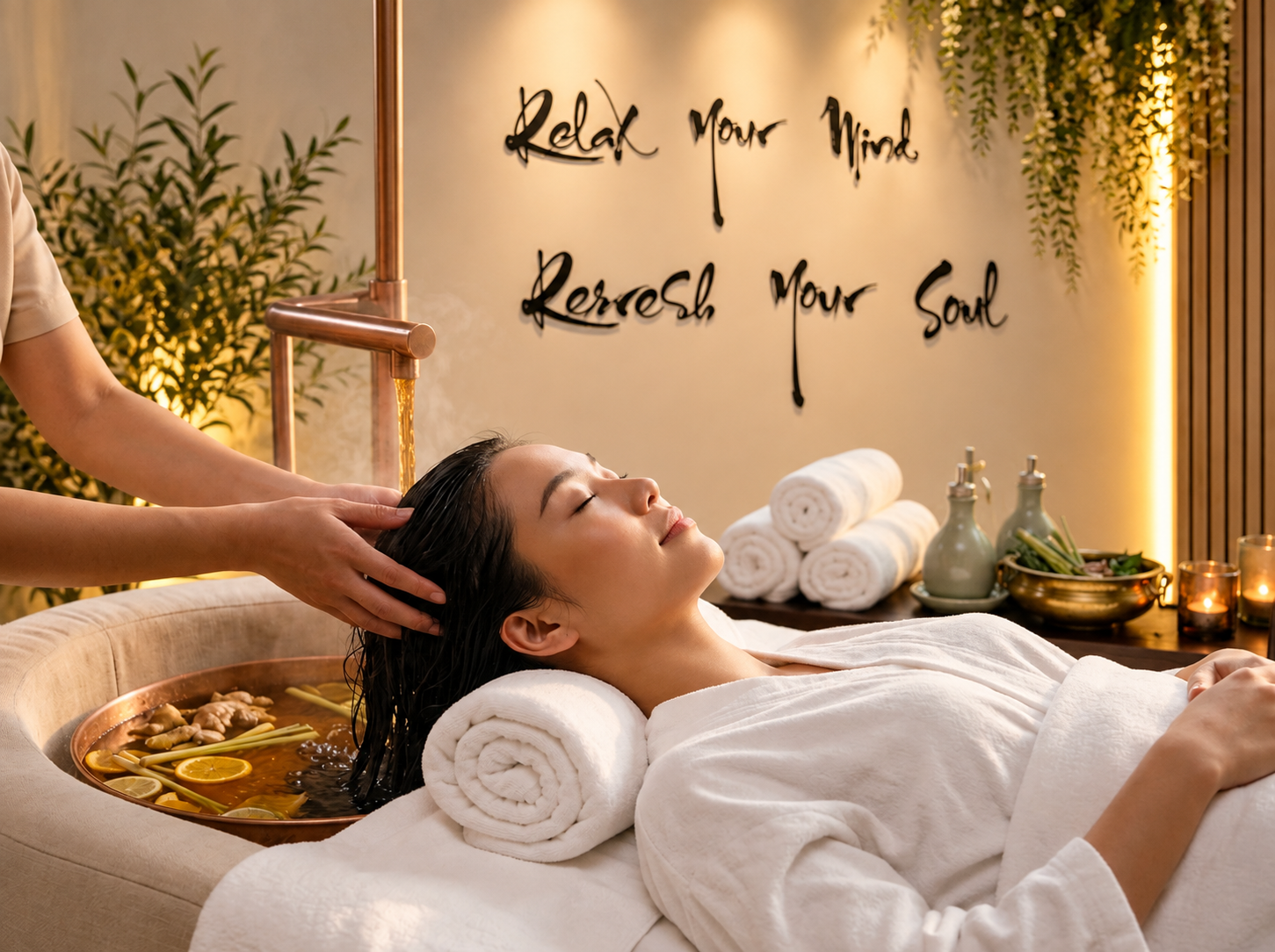 AZ Nail Spa authentic Vietnamese Head Spa therapy suite with halo waterfall beds in Katy, Texas
