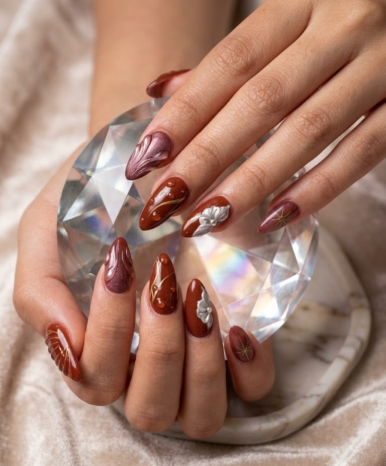 Rich mocha brown diamond and Swarovski crystal luxury nail design