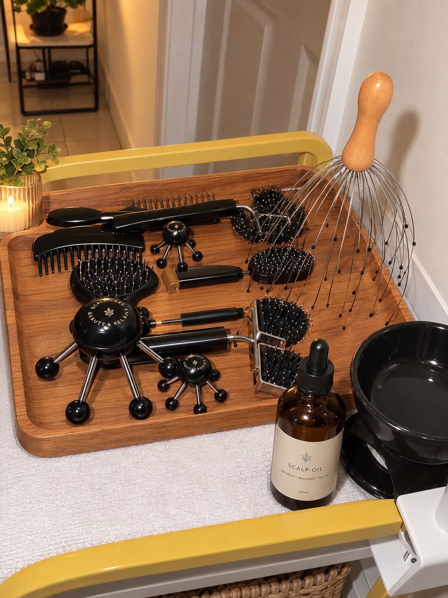 Head spa massage tools and scalp oil prepared for treatment