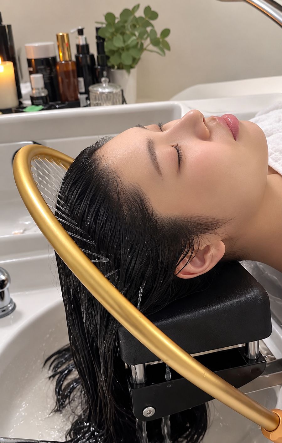 Guest relaxing under the warm water halo during a head spa treatment